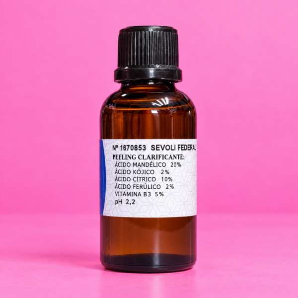 Peeling Clarificante: Ác. Mandélico 20% + Ác. Kojico 2% + Ác. Cítrico 10% + Ác.Ferulico 2% + Vit.B3 5%. pH 2,2