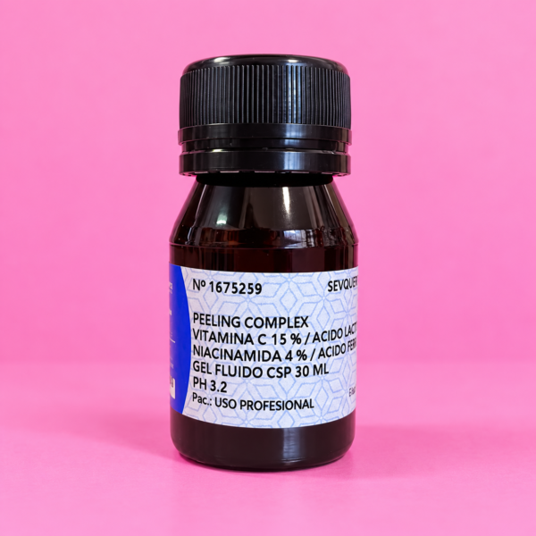 Peeling Complex Antiox: Vitamina C 15%, Ácido Lactobiónico 10%,Niacinamida 4%, Ácido Ferúlico 2%. pH 3,2