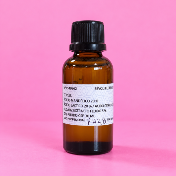 CC PEEL: Ác. Mandelico 20% + Ác. Láctico 20% + Ác. Cítrico 5%+ Extracto de Regaliz 5% pH 2,8