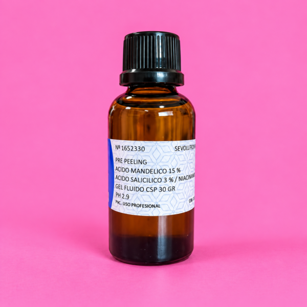Pre Peeling: Ácido Mandélico 15%, Ácido Salicílico 3% y Niacinamida 3%. Gel fluído - pH 2,9